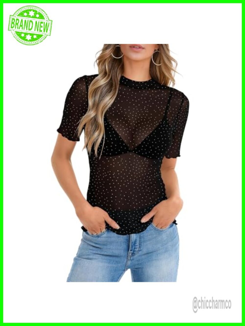 Women's Lace Mesh Sheer Rhinestone Long Sleeve Top